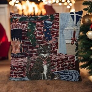 Cat Pillow Christmas Kitty Fireplace Tapestry Throw Grandma CottageCore Cat Lady